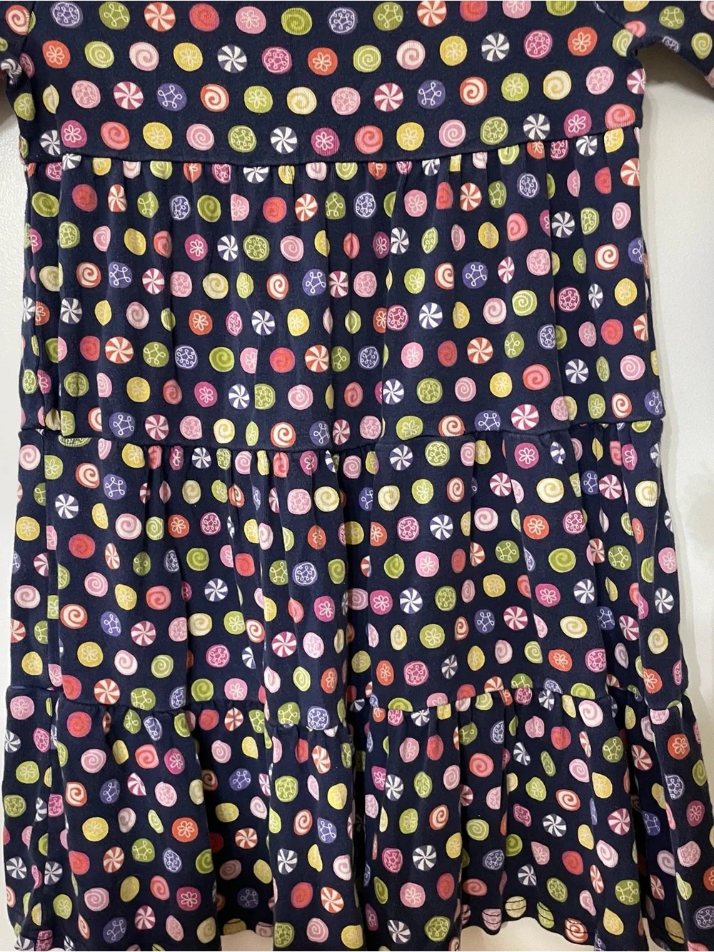 Kids Navy Long-Sleeve Tiered Dress with Multi-Color Candy Dot Print